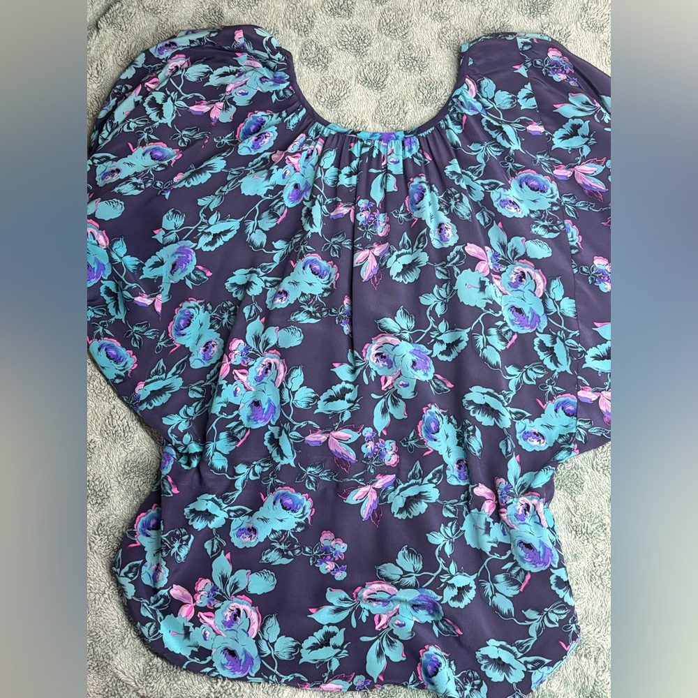 Rebecca Taylor Floral Silk Tie-Waist Blouse Purple Teal Short Sleeve Top - Picture 5 of 6